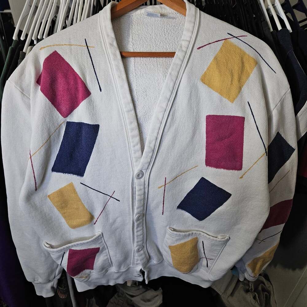 Vintage Jerzees Abstract Cardigan Sweater White 80s 90s Geometric Womens XL